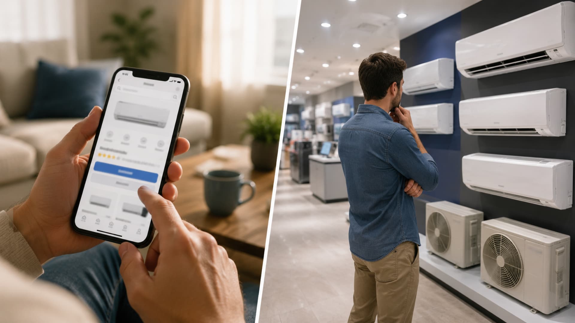 South African buyer comparing online and in-store aircon shopping options