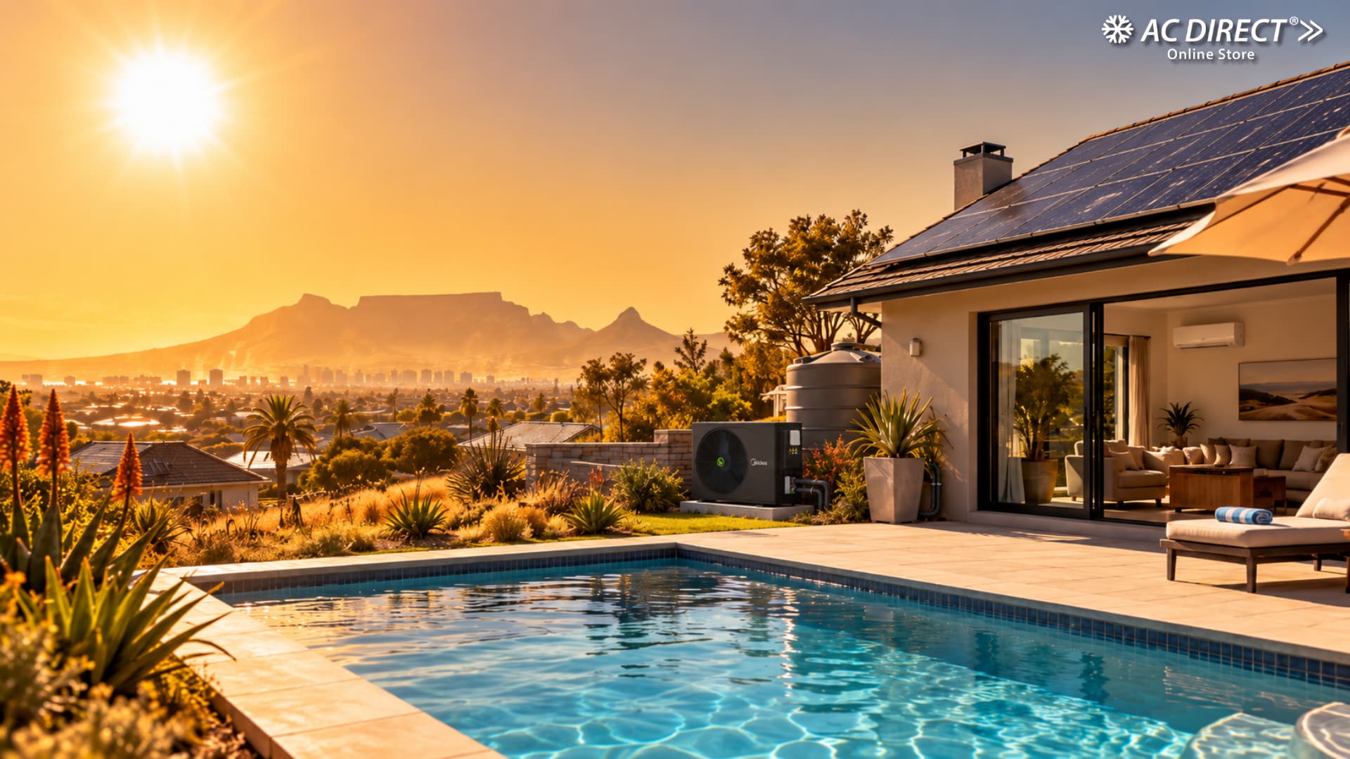 A Cape Town home with an aircon and rooftop solar panels, a pool heat pump and a patio pool under a hot orange sun, with Table Mountain in the background