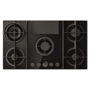 Elica 90cm 5 Burner Gas Hob With Downdraft Extractor (Black Glass & Cast Iron Pot Grids) - 10/NIKOLATESLA FLAME